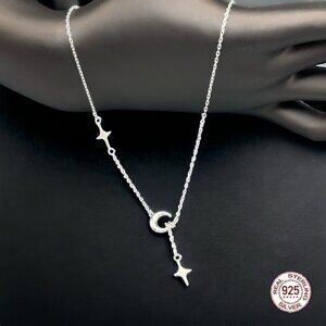 NWT Star Moon Pendant Necklace Choker Lariat Y Shaped S925 Sterling Silver Stamp